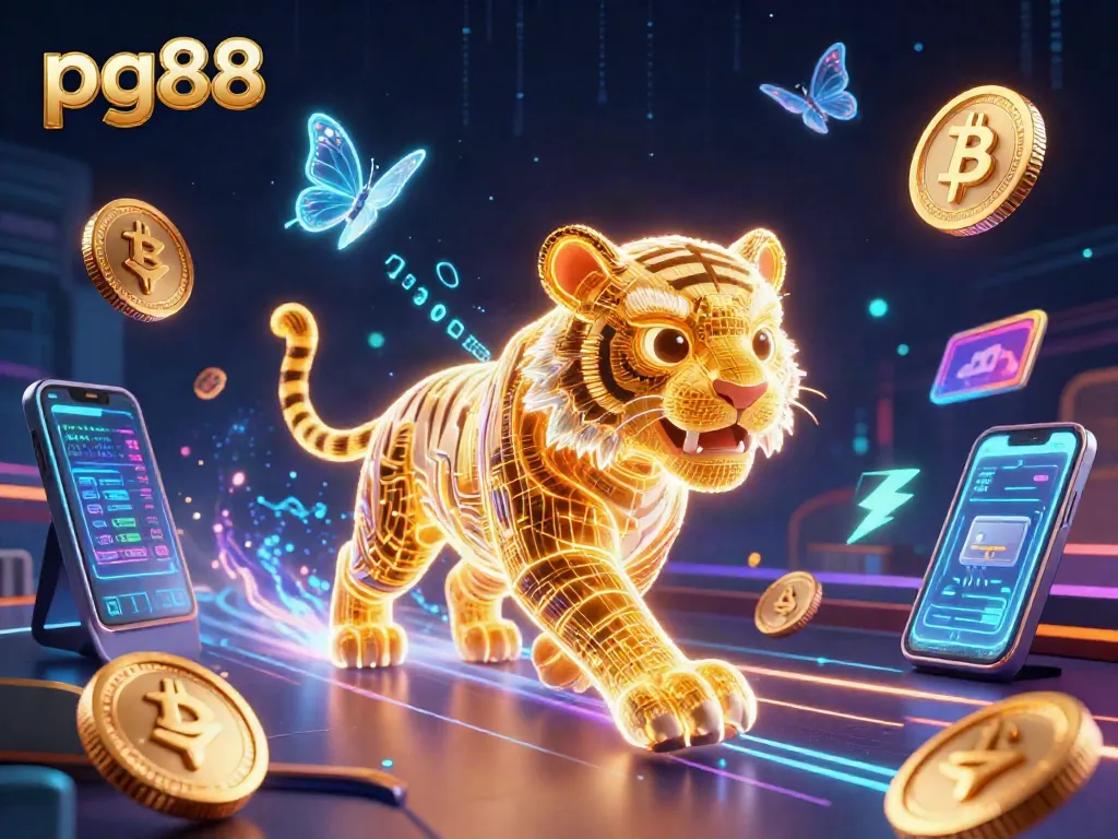 Spin the reels at pg88's vibrant digital casino featuring a neon-wireframe golden tiger.