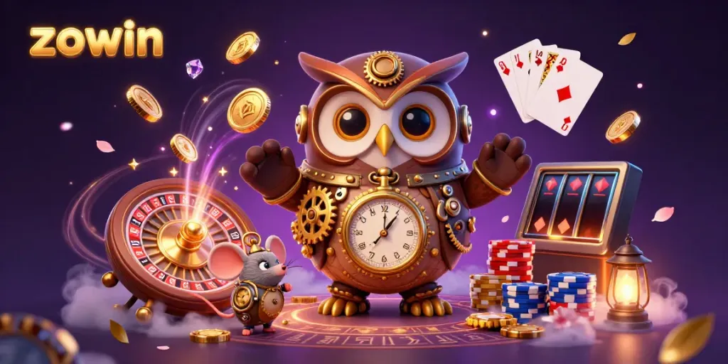 Zowin offers thrilling gaming experiences with a colorful casino scene featuring dynamic elements.