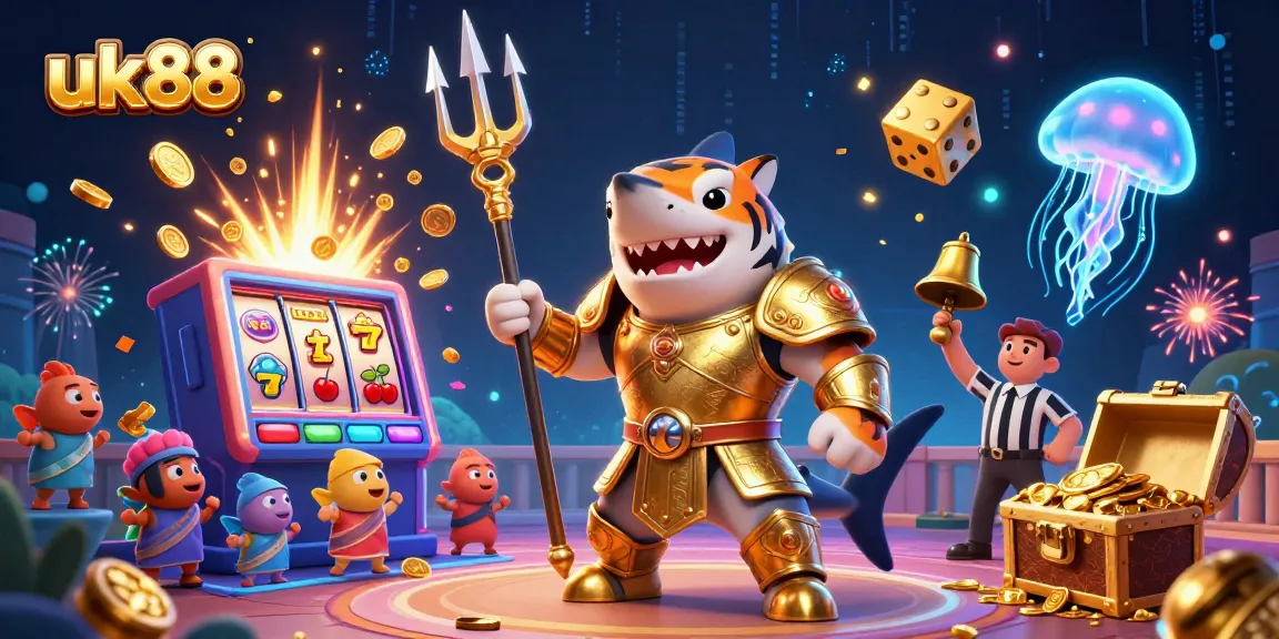 Spin the uk88 slot machine for a jackpot, featuring a golden tiger shark and lively characters.