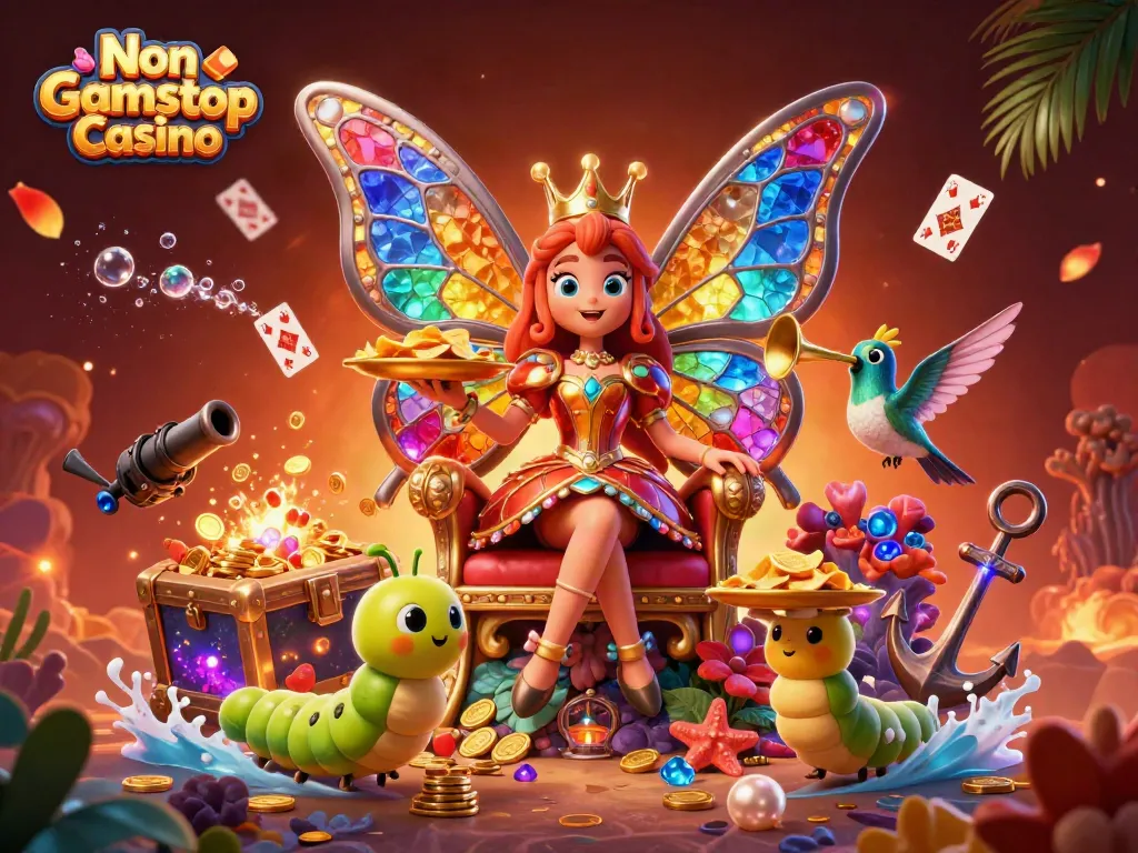 Engage with the lively Non Gamstop Casino world through a vibrant and dynamic 3D illustration.