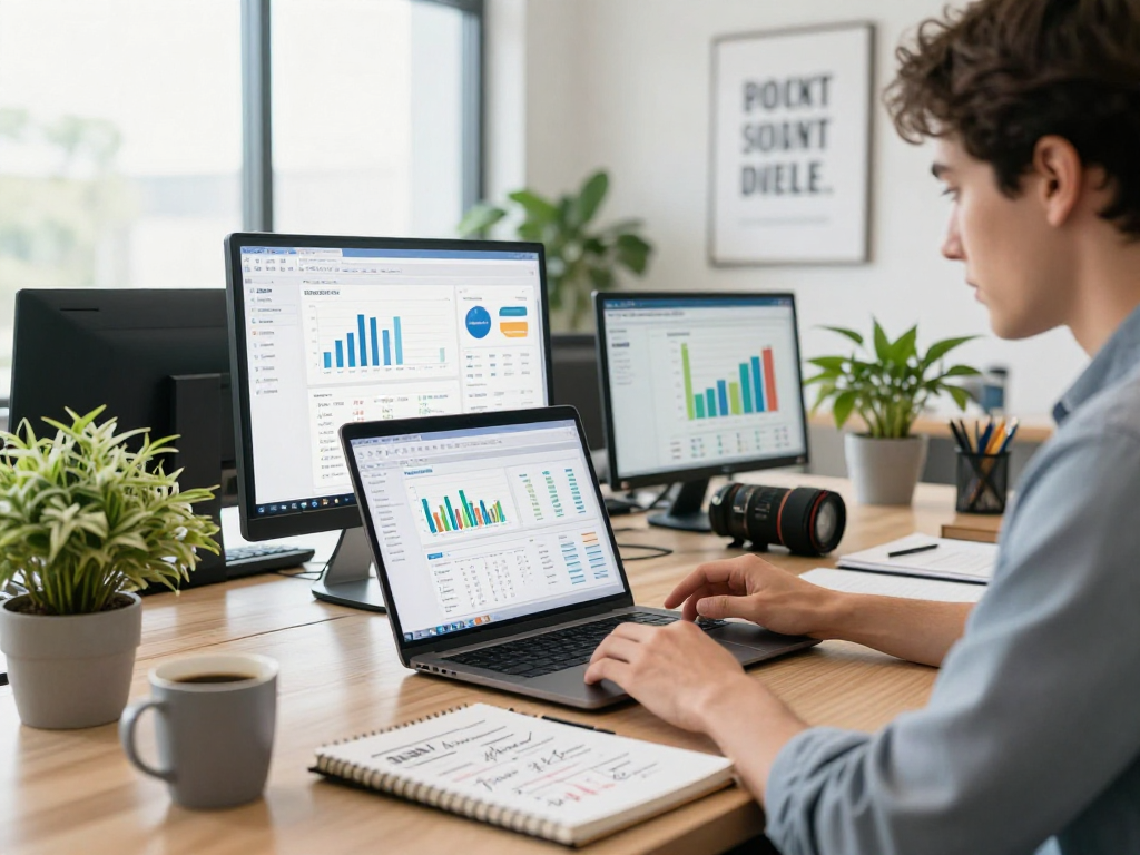 Business professional analyzing IDXSTAR data in a modern office setting with bright natural light.