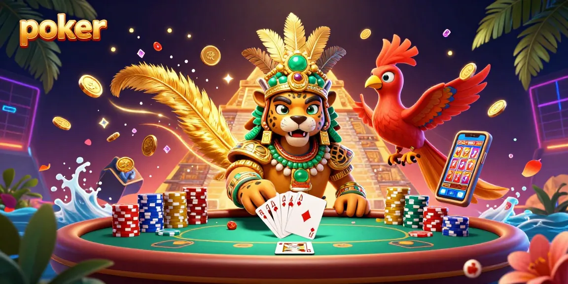 Poker illustration with a Mayan jaguar priest, royal flush hand, and vibrant poker elements.