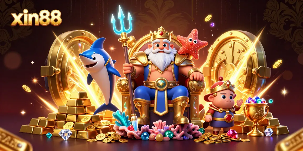 Experience the thrill of xin88 with Neptune and treasures in this dynamic casino illustration.