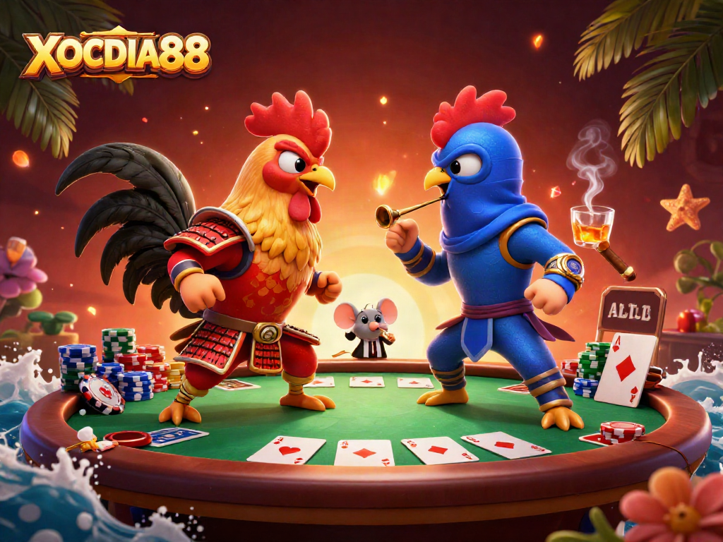 XOCDIA88 showcases a thrilling standoff between roosters in a vibrant casino scene.