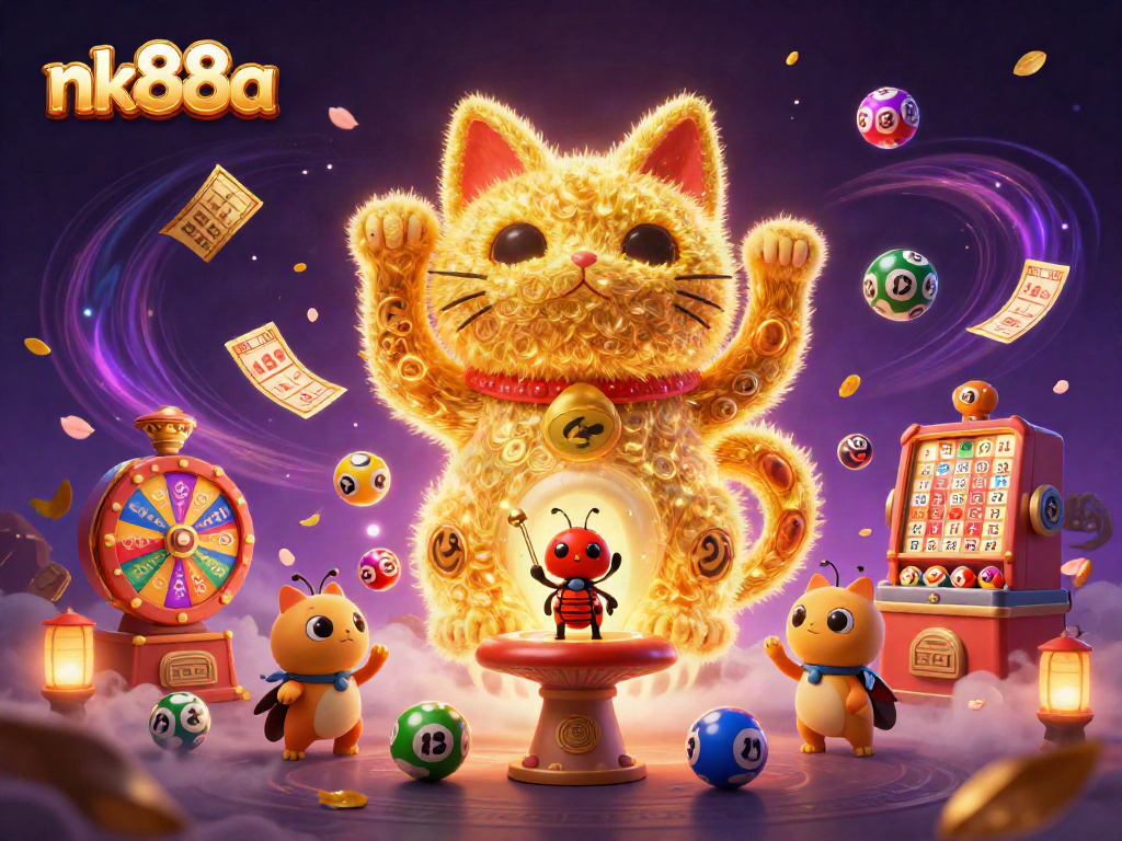 Experience the lively world of nk88a with a vibrant scene showcasing a lucky cat and lottery activities.