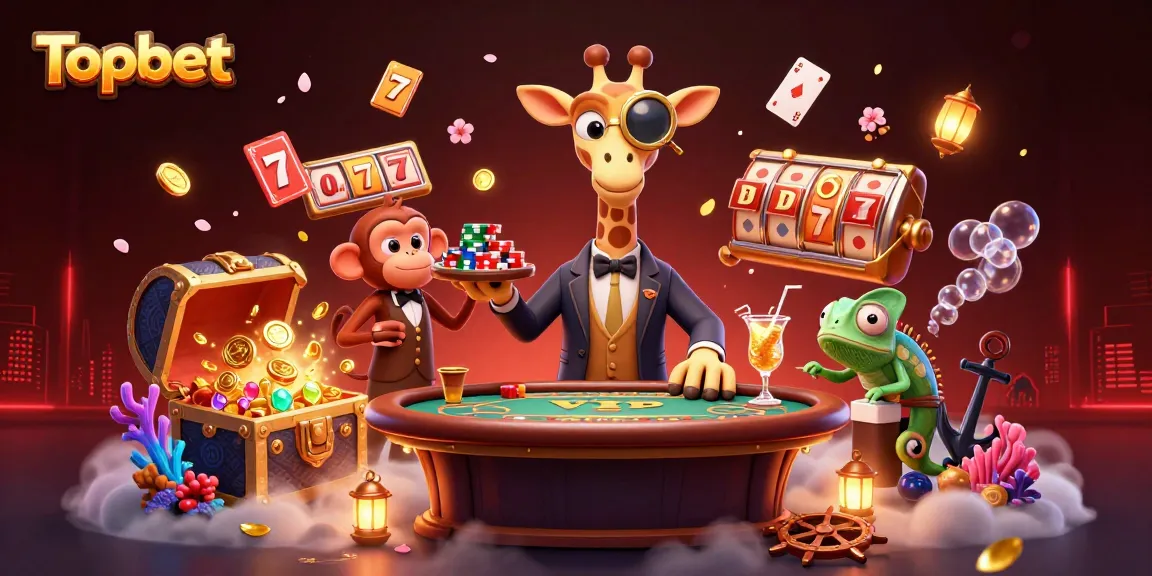 Topbet 3D cartoon illustration with a giraffe at a poker table, celebrating big wins and jackpots.