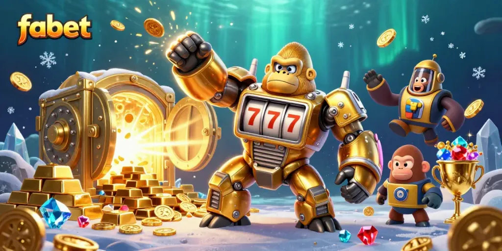 Experience the excitement of fabet with a golden mech surrounded by treasures and gaming elements.
