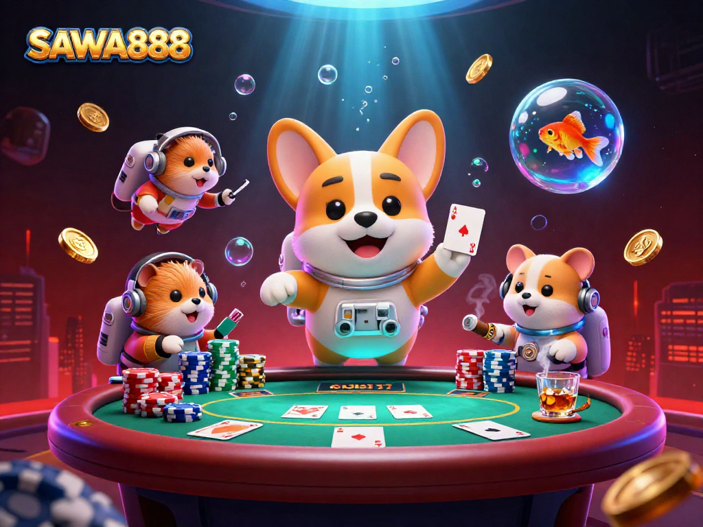 SAWA888 enhances the gaming experience in a vibrant space casino with floating poker elements.
