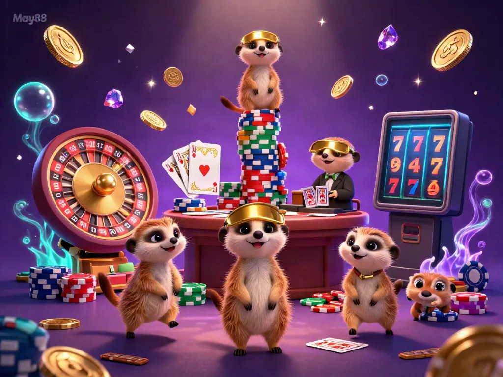 Experience the thrilling May88 casino with meerkats managing games and treasures all around.