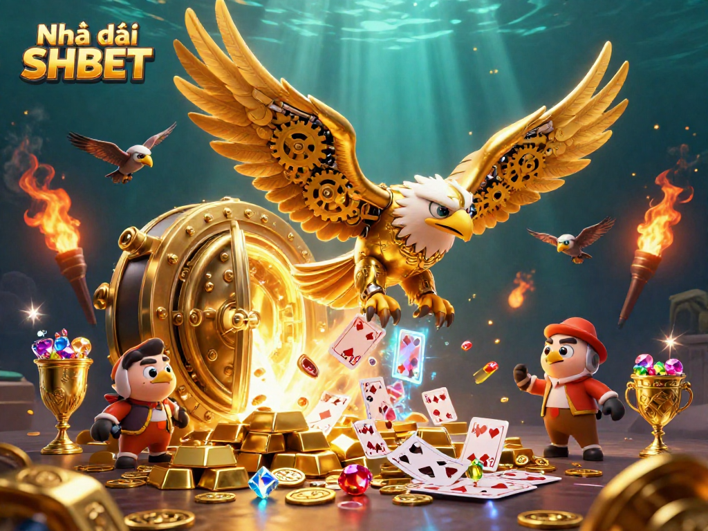 Experience thrilling action with Nhà cái SHBET as the golden eagle dives through vibrant casino elements.