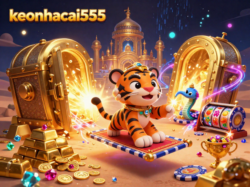 Engage with keonhacai555 through an enchanting 3D casino scene filled with treasure and vibrant casino symbols.