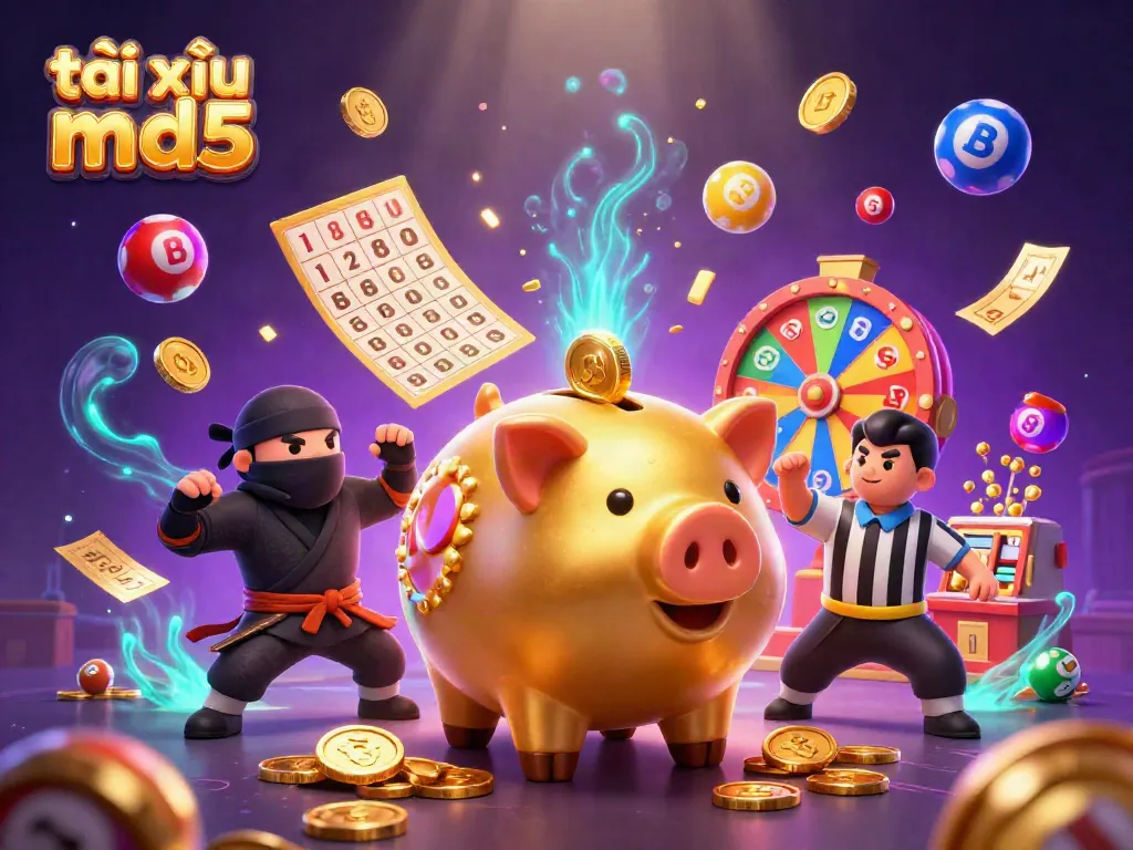 Experience the fun of tài xỉu md5 with this dynamic cartoon scene featuring vibrant casino elements.