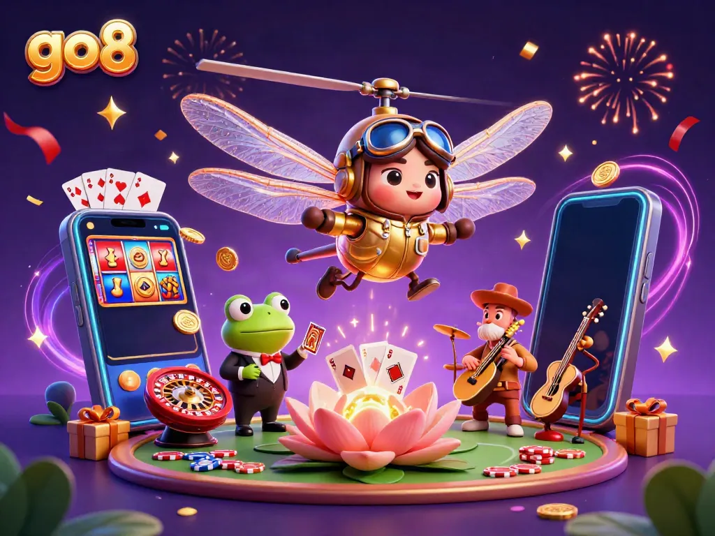 Win big with go8 at the vibrant lily pad casino, featuring a whimsical scene with a dragonfly pilot and a frog croupier.