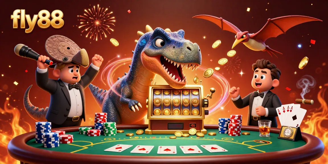 fly88 features a pachycephalosaurus winning jackpots and coins in a vibrant casino scene