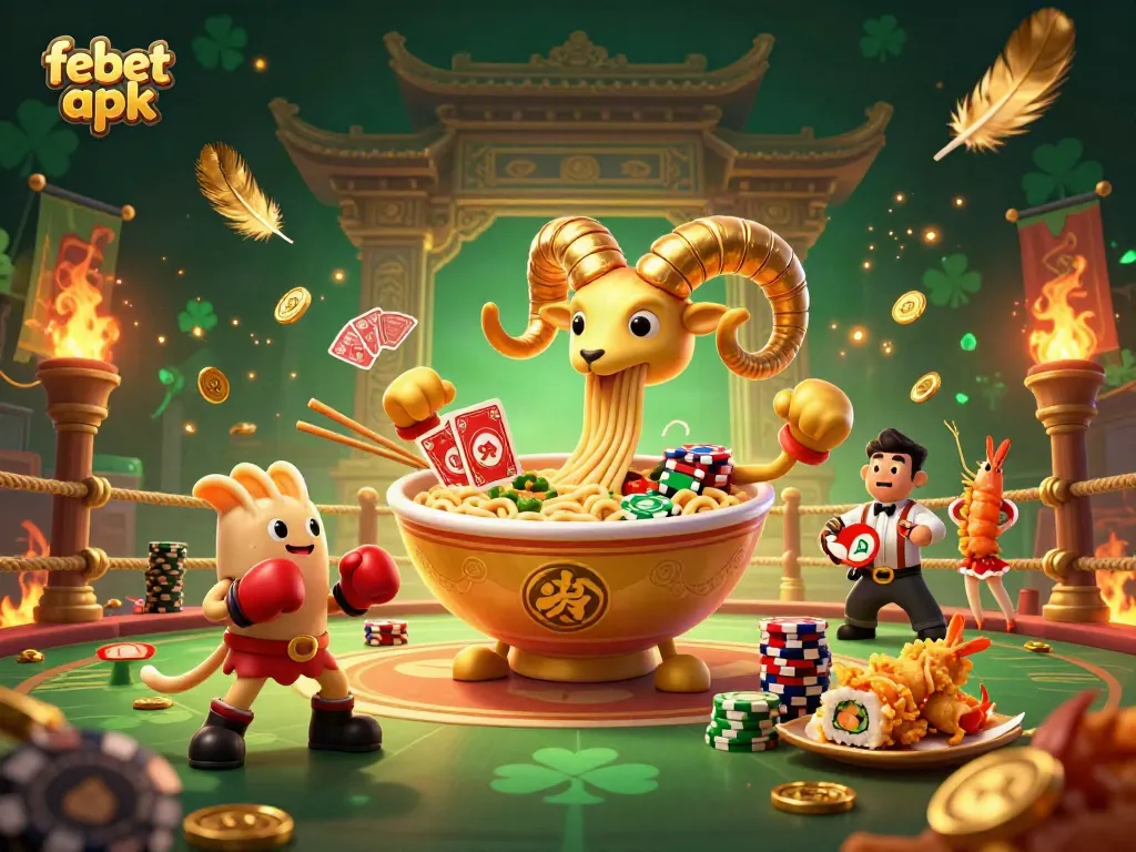 Join the action and excitement with febet apk as a golden ramen bowl deals cards in a vibrant casino scene.