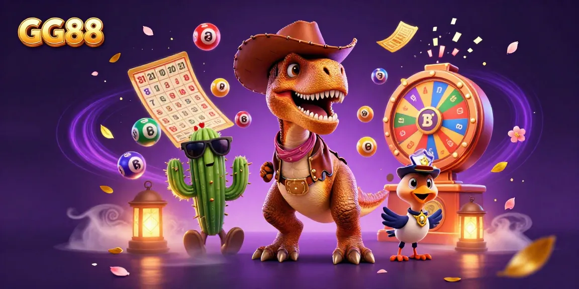 Experience the thrill of gaming with GG88 in this vibrant 3D illustration featuring a cowboy dinosaur and friends.