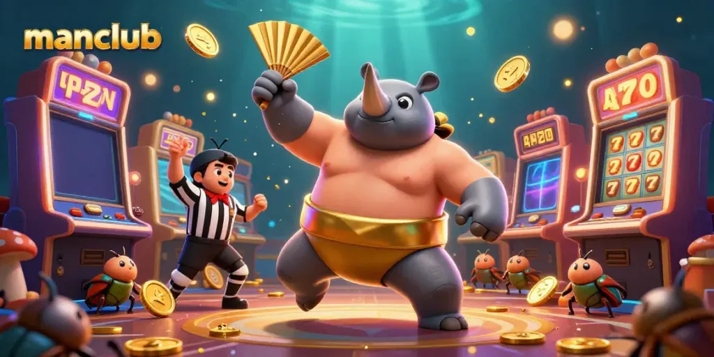 Experience thrilling gameplay at manclub with a dynamic scene of a beetle champion amidst flying coins and vibrant slot games.