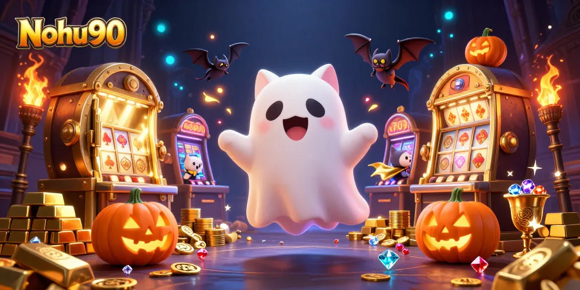 Nohu90 offers exciting gaming adventure with a ghost cat in a vibrant haunted casino.