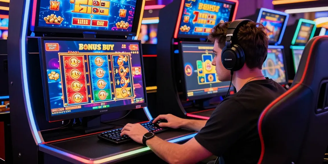 Player engaging with Bonus Buy slots at https://crownnorthill.co.uk, vibrant gaming setup highlighting excitement and immersive experience.