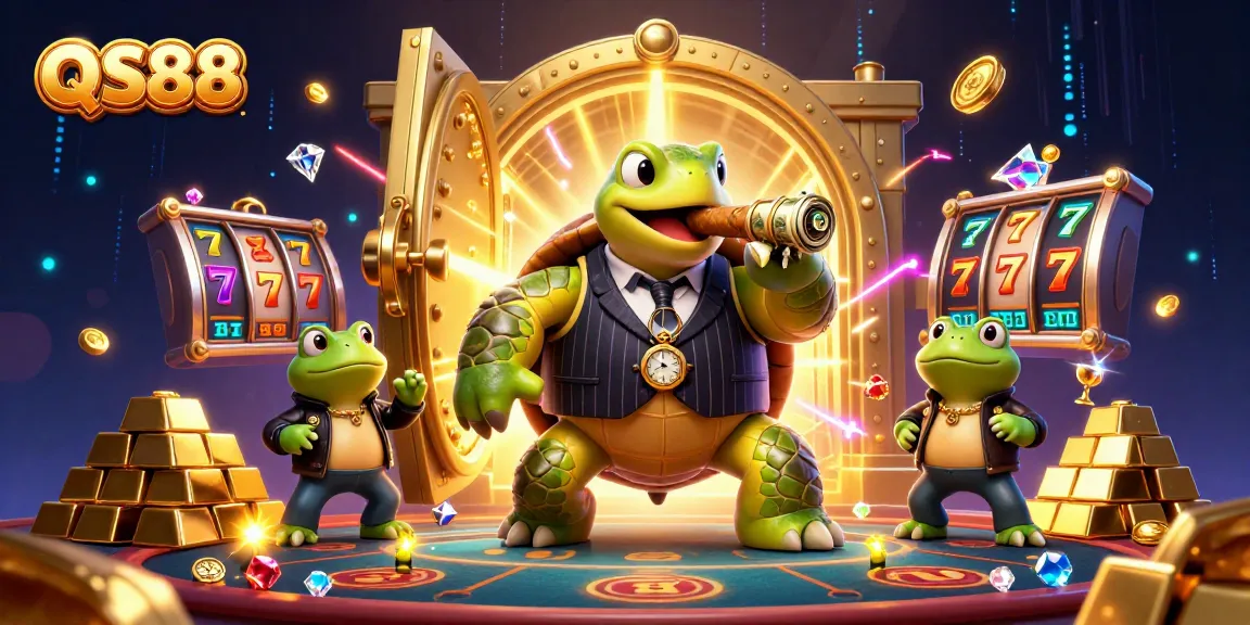 Experience QS88's thrilling casino world with a vibrant 3D scene featuring a turtle mobster and bullfrog enforcers.