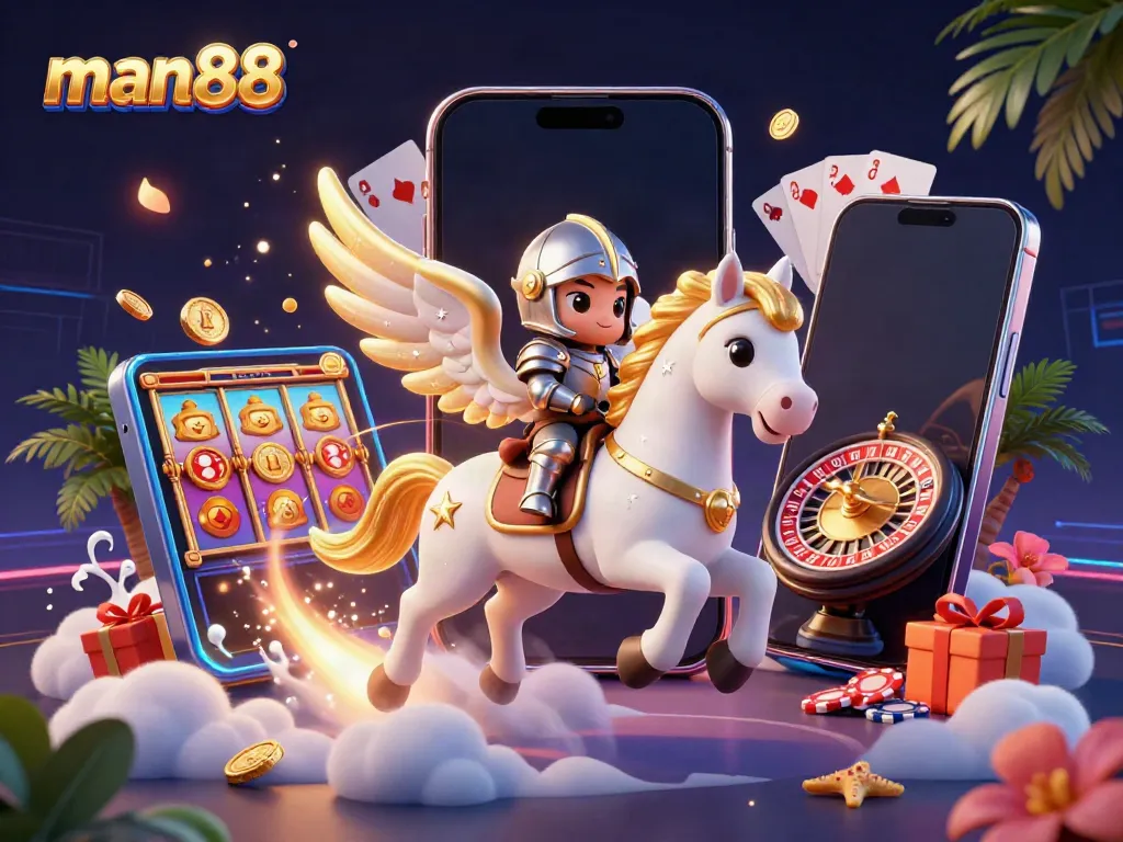 Experience the thrill of gaming with man88, featuring an armored knight and a celestial horse amidst vibrant slot games.