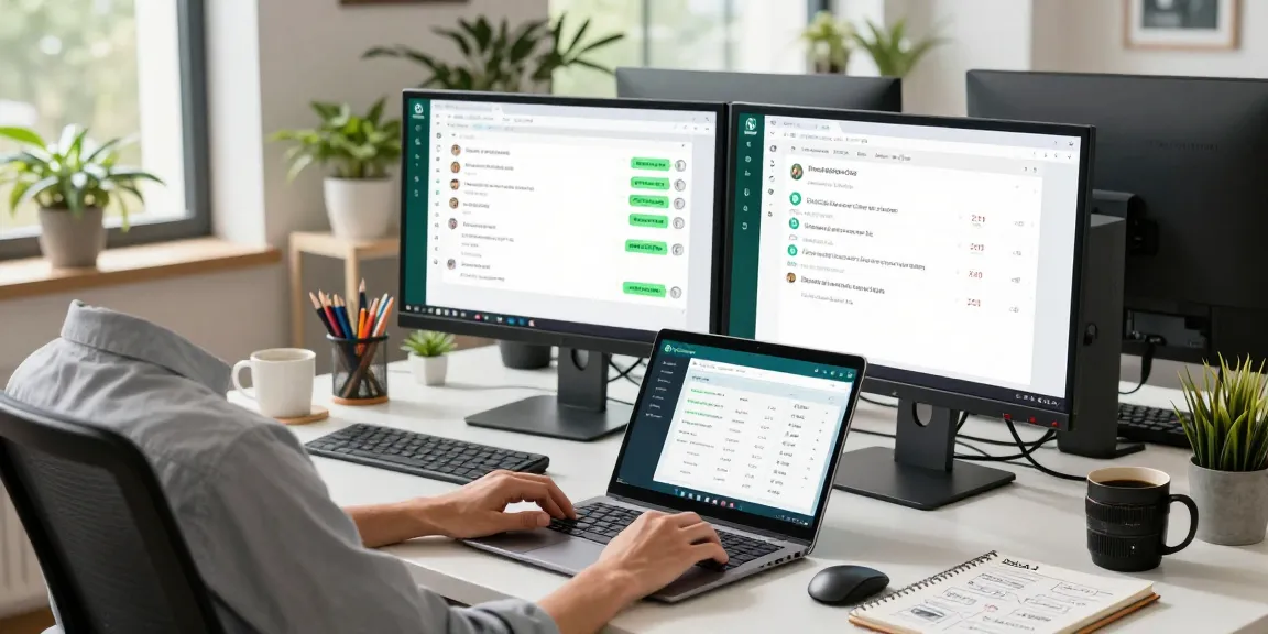 Professional using WhatsApp電腦版 on a desktop in a modern workspace