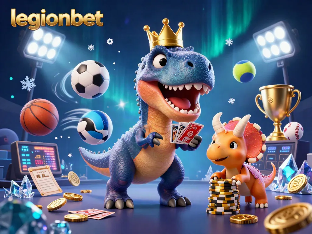 Experience thrilling betting action at legionbet with a dynamic scene of cartoon dinosaurs enjoying casino games and sports.