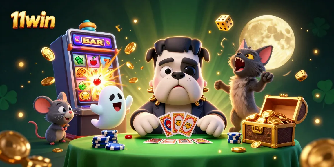 Experience 11win's thrilling casino adventure with a vibrant, cartoonish 3D scene filled with excitement.
