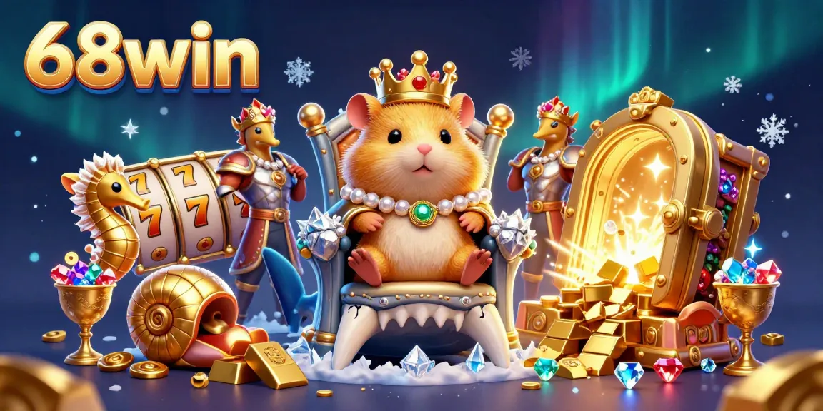 Experience the thrill of 68win's slot games with a regal hamster king scene amidst treasure.