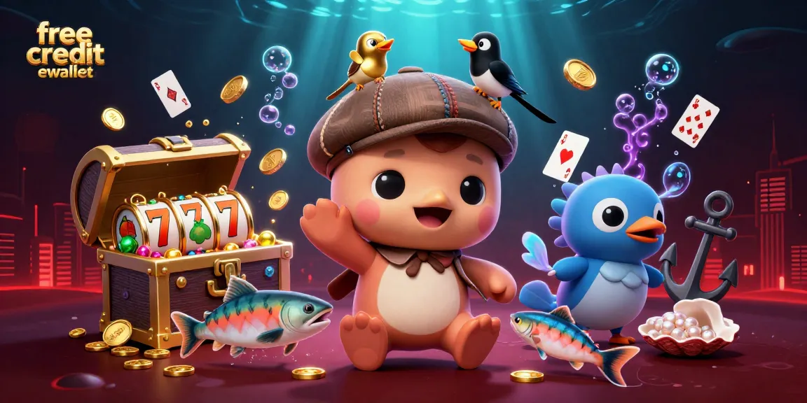 Play and win with free credit ewallet at the digital casino, featuring fun characters and vibrant elements.