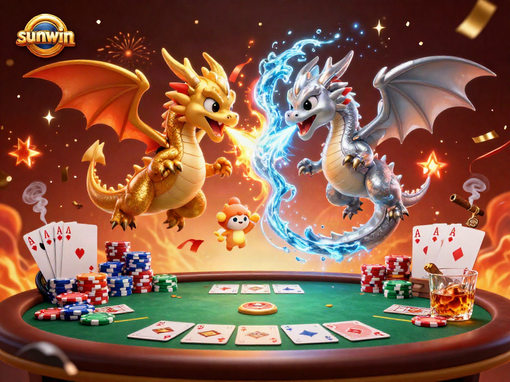 Experience thrilling poker action with sunwin's dynamic dragon illustration featuring vibrant game elements.