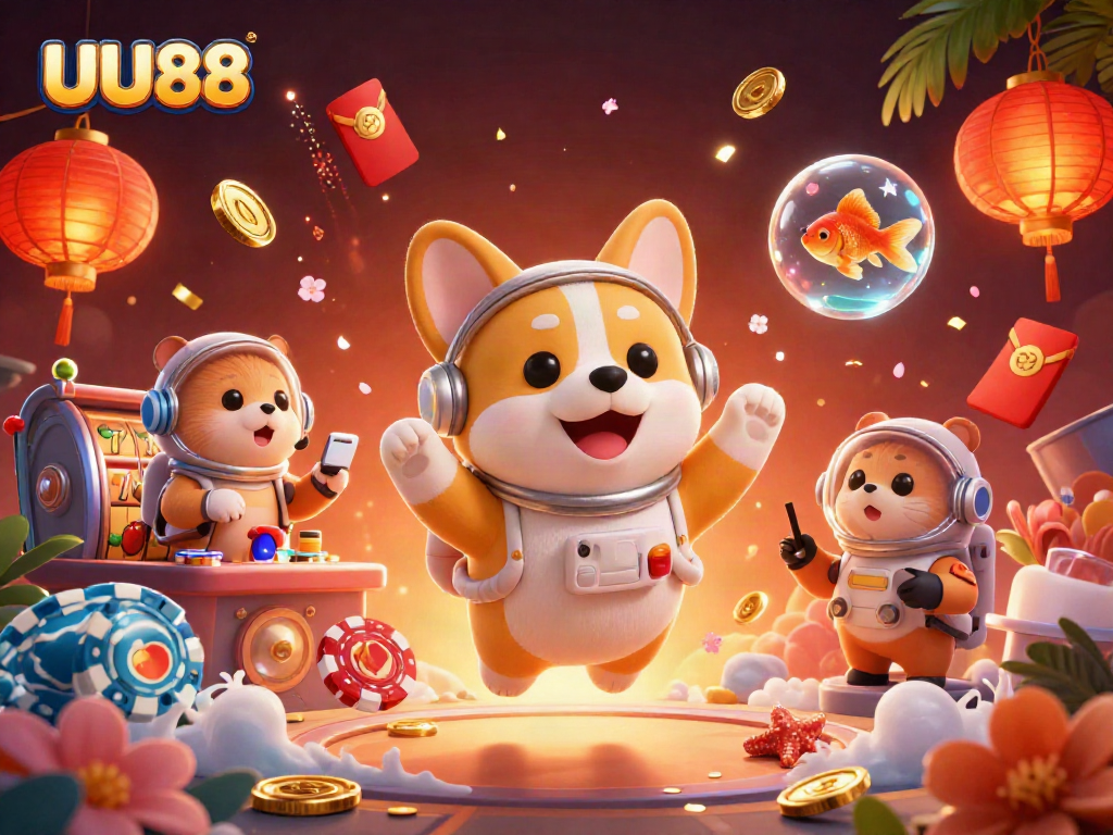 UU88 casino astronaut corgi floating in space, surrounded by vibrant slot elements and golden coins.