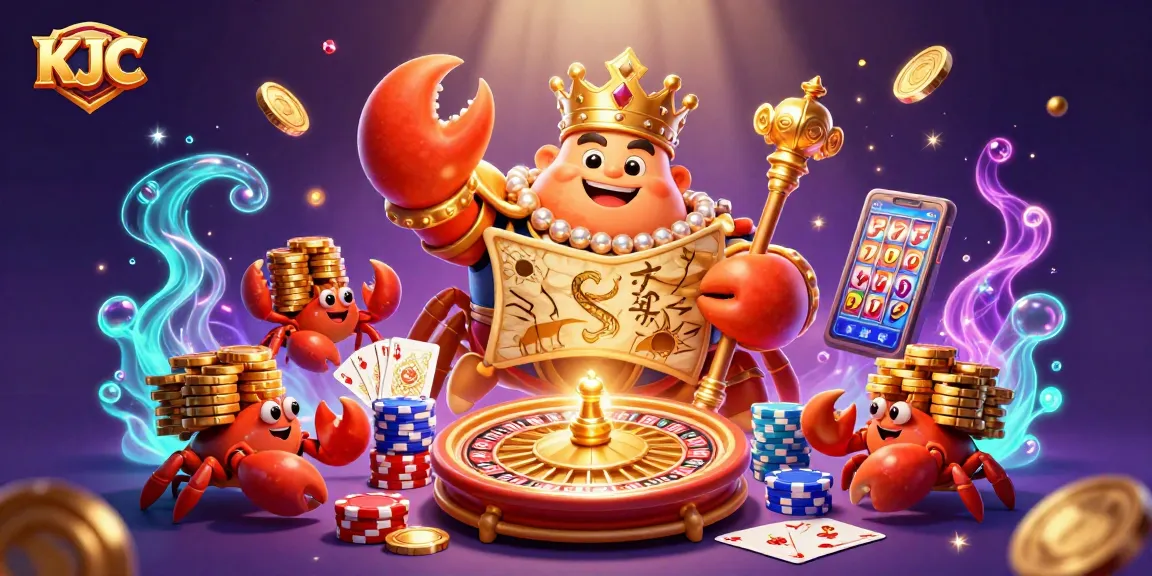 KJC showcases an ultra-detailed 3D scene of a golden crab emperor amidst vibrant casino elements and sparkling treasures.