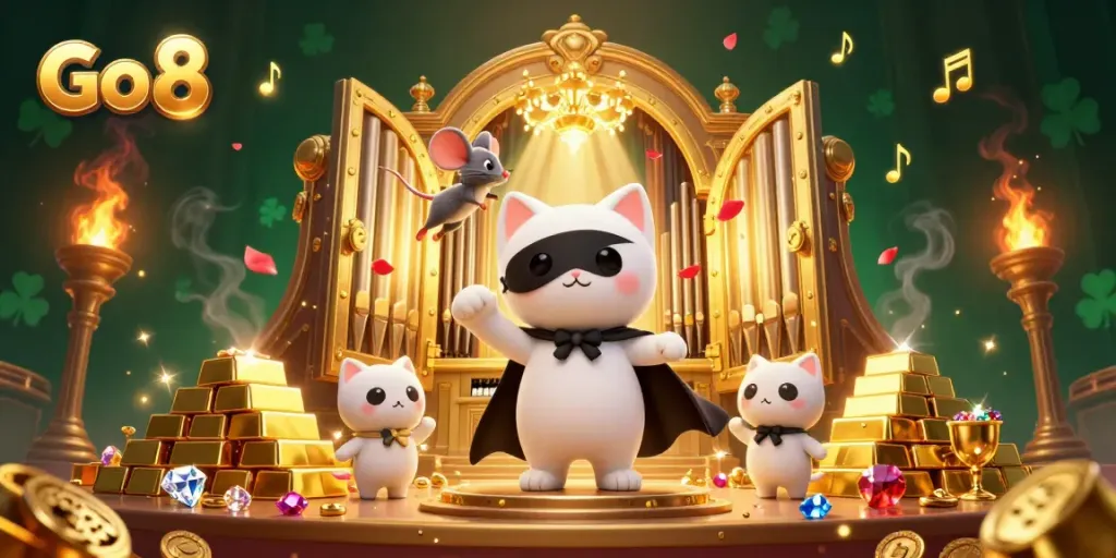 Experience thrilling wins at Go 8 with this vibrant casino scene featuring a mystical cat and acrobats.