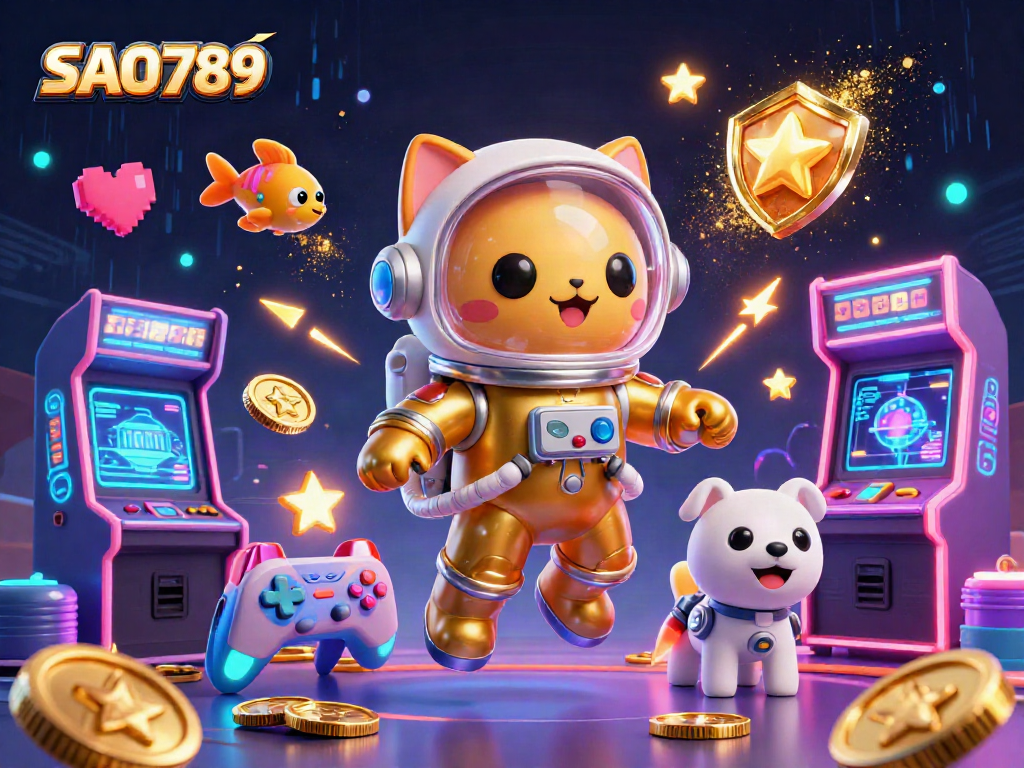 Engage with SAO789's exciting gaming universe featuring vibrant 3D characters and casino elements.
