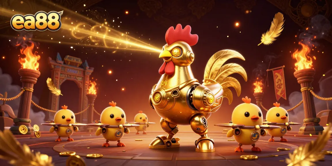 Bet on your luck with ea88, featuring a golden rooster robot in an action-packed casino scene.