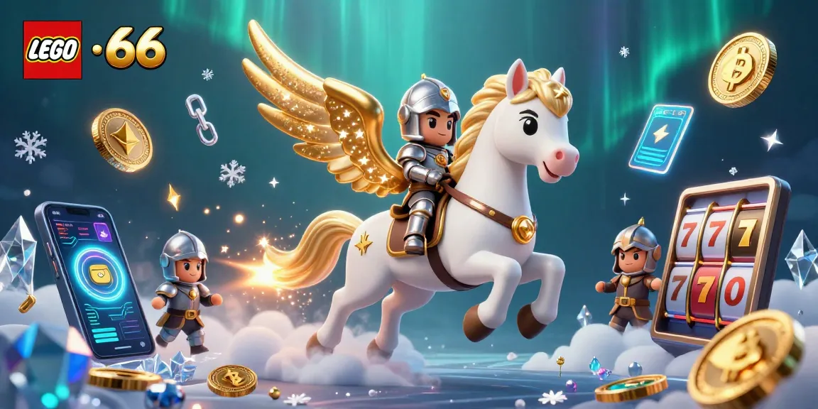 Lego66 showcases thrilling slot reels with a celestial knight and horse amid glowing crypto coins.
