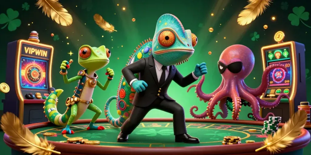 Experience thrilling action at VIPWIN casino with vibrant characters, casino elements, and a rich atmosphere.