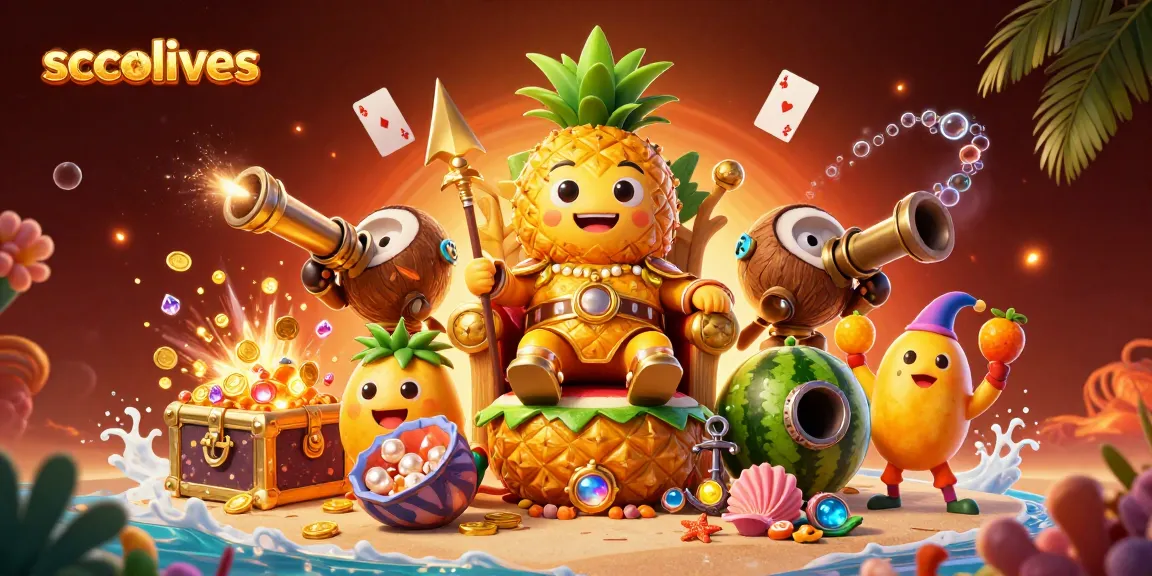 Socolives captures the excitement of online gambling with a vibrant 3D pineapple king and treasures in a beach casino.