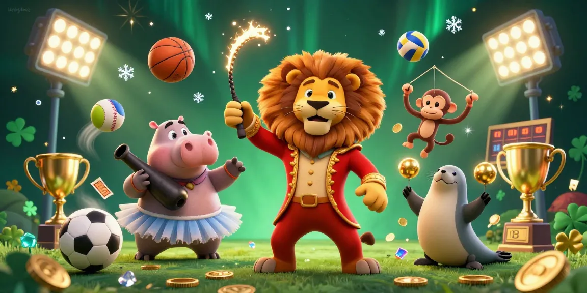 Bongdaso sports betting scene featuring a vibrant circus theme with dynamic characters and sports elements.