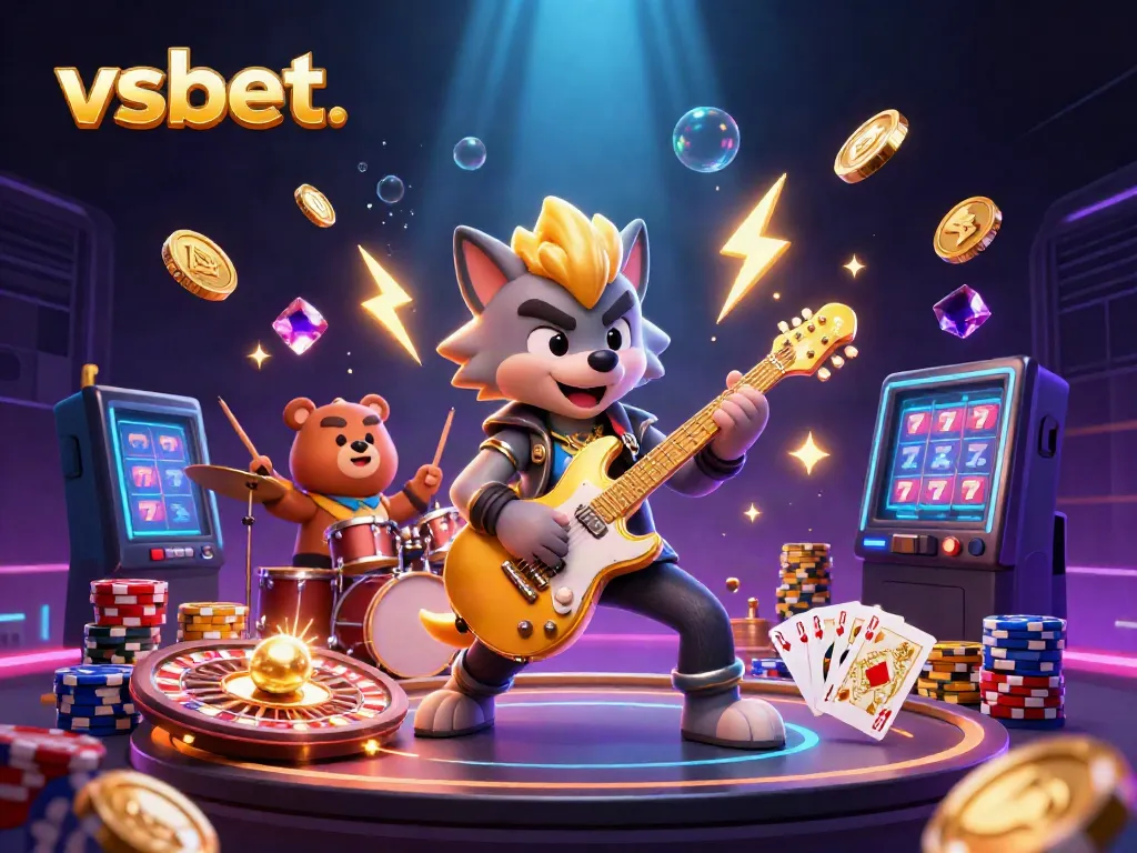 Experience the excitement of vsbet with a vibrant 3D illustration of a rock star wolf performing on a casino stage.