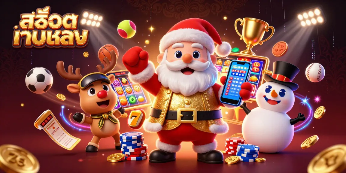 Engage with สล็อตเว็บตรง as Santa celebrates slots victories with fun characters in a vibrant casino setting.