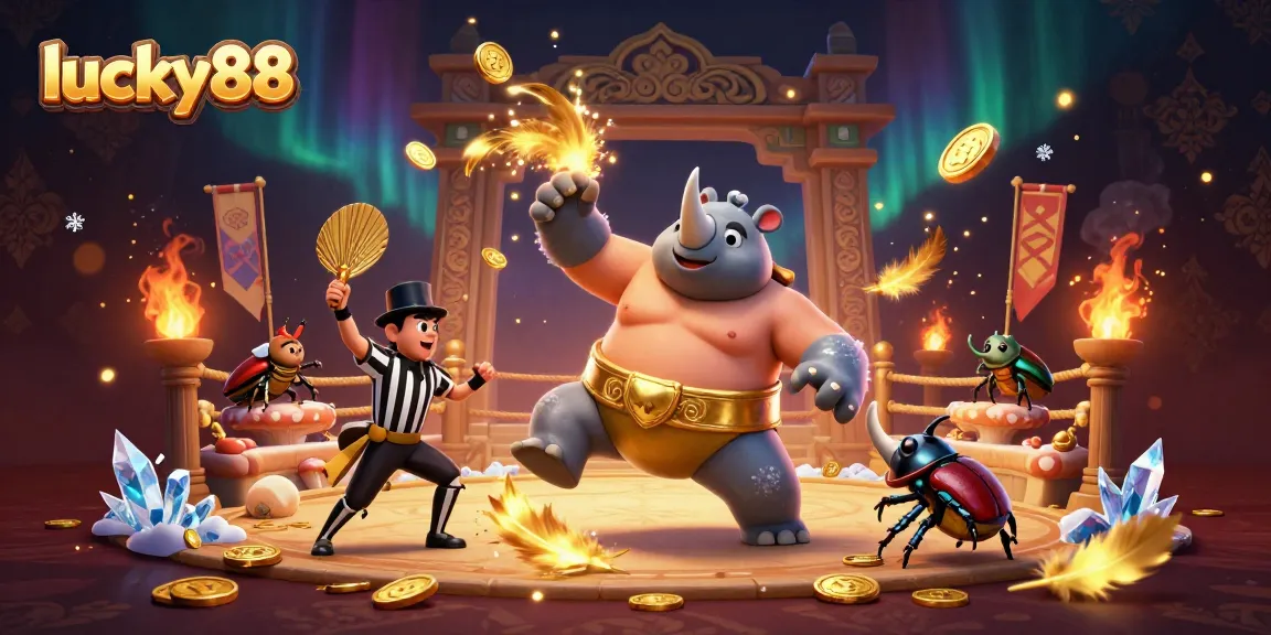 Engage with lucky88's exciting betting atmosphere featuring a beetle champion amidst golden coins.
