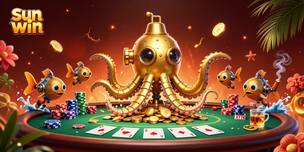 Experience the thrill of sun win as a golden kraken submarine emerges from golden coins at a vibrant casino.