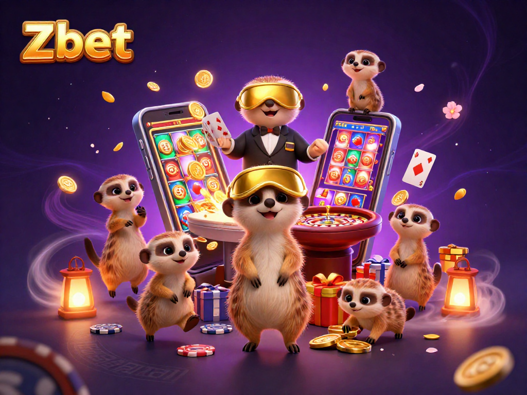 Zbet showcases a dynamic casino operation run by meerkats, emphasizing vibrant slot games and interactive gaming elements.