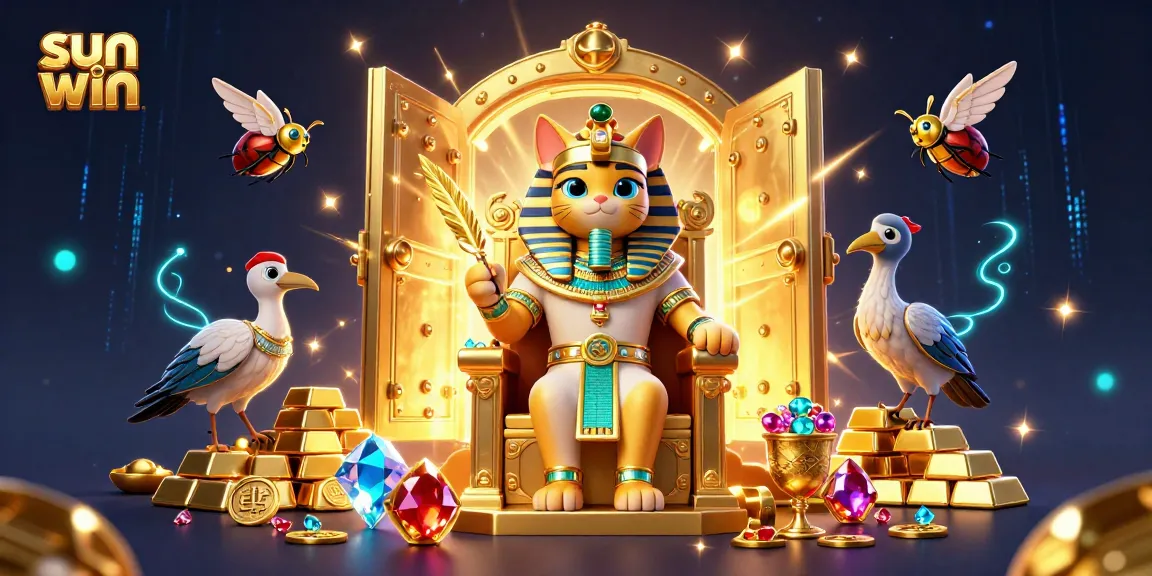 Win big with sun win in this dynamic 3D casino illustration featuring rich treasures and vibrant characters.