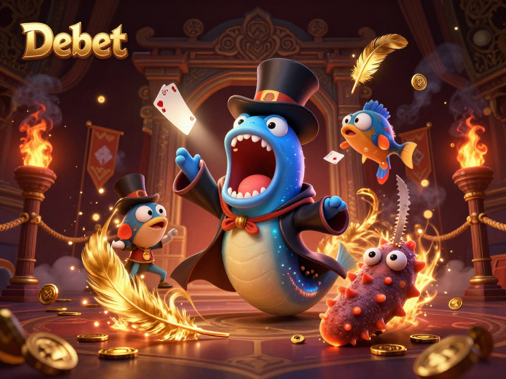 Engage with the stunning magical scene at Debet featuring animated gambling elements and characters.