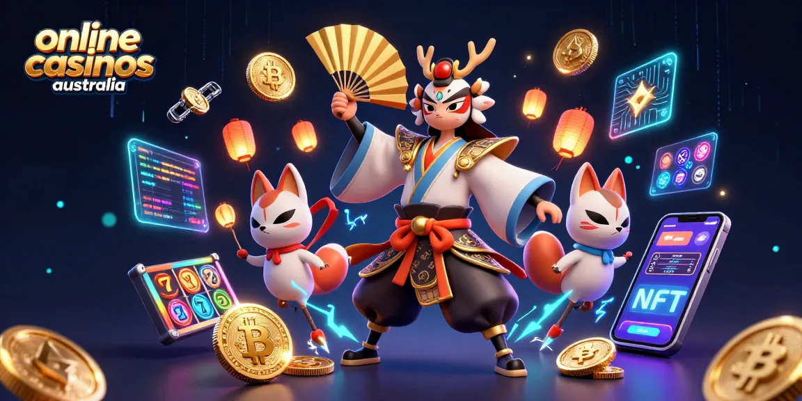 Experience the excitement of online casinos Australia with vibrant characters and crypto themes in this dynamic illustration.