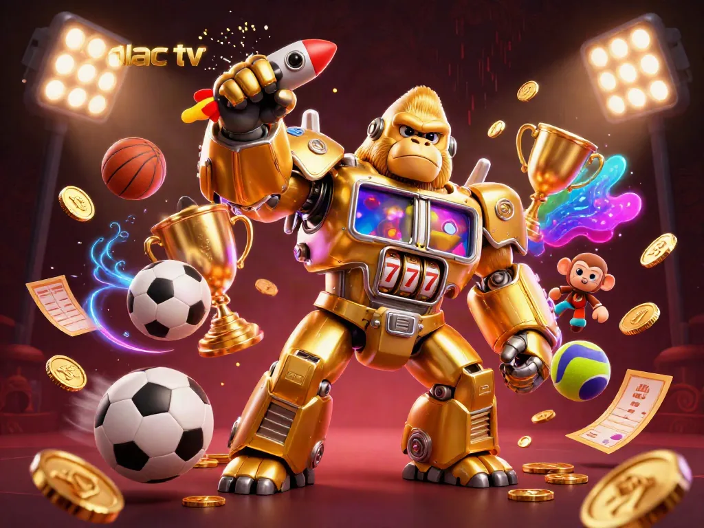 Experience the excitement of xoilac tv with a dynamic illustration of a golden gorilla mech amidst thrilling sports betting elements.