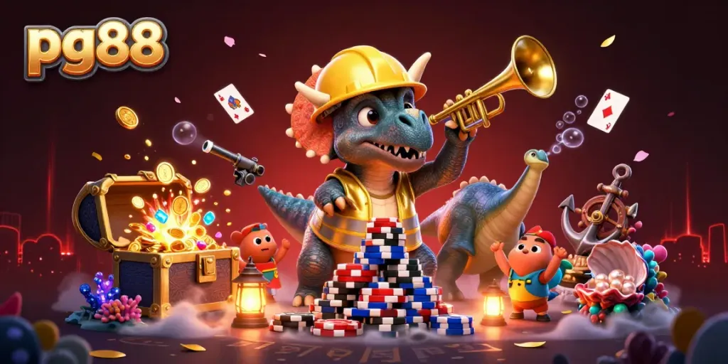 pg88 casino scene with a triceratops building poker chip pyramids and underwater treasures.